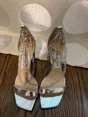 Jimmy Choo Silver Metallic Crystal & Chain Strap Block Heels. BRAND NEW